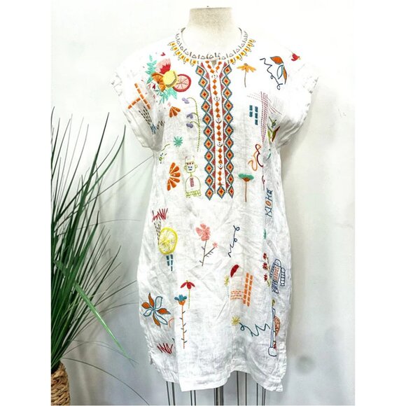 Johnny Was Lemona Dress Floral Embroidery Linen Natural Button Front White NEW - Picture 3 of 10